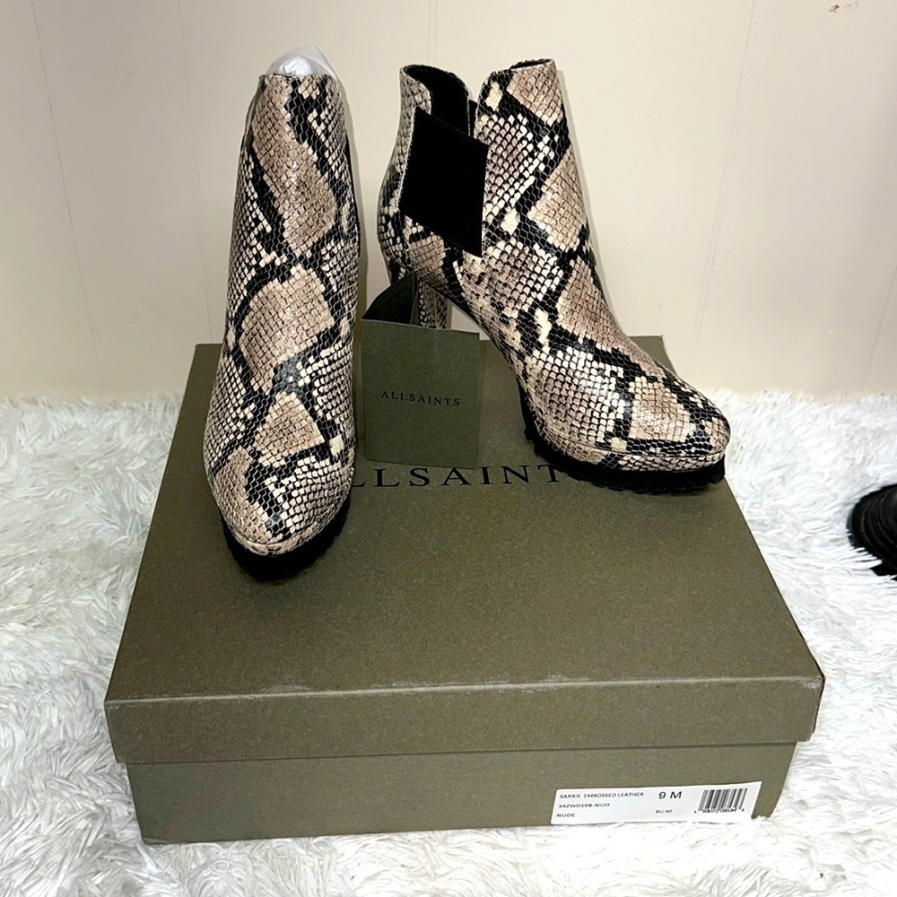 ALLSAINTS Sarris Bootie Color: NUDE SNAKE PRINT LEATHER, Size 9M, $348.00 NWB